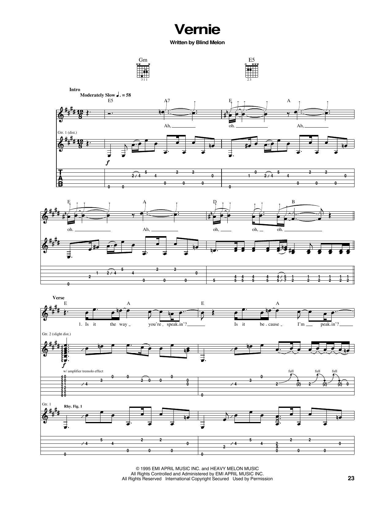 Blind Melon Vernie Sheet Music Notes & Chords for Guitar Tab - Download or Print PDF