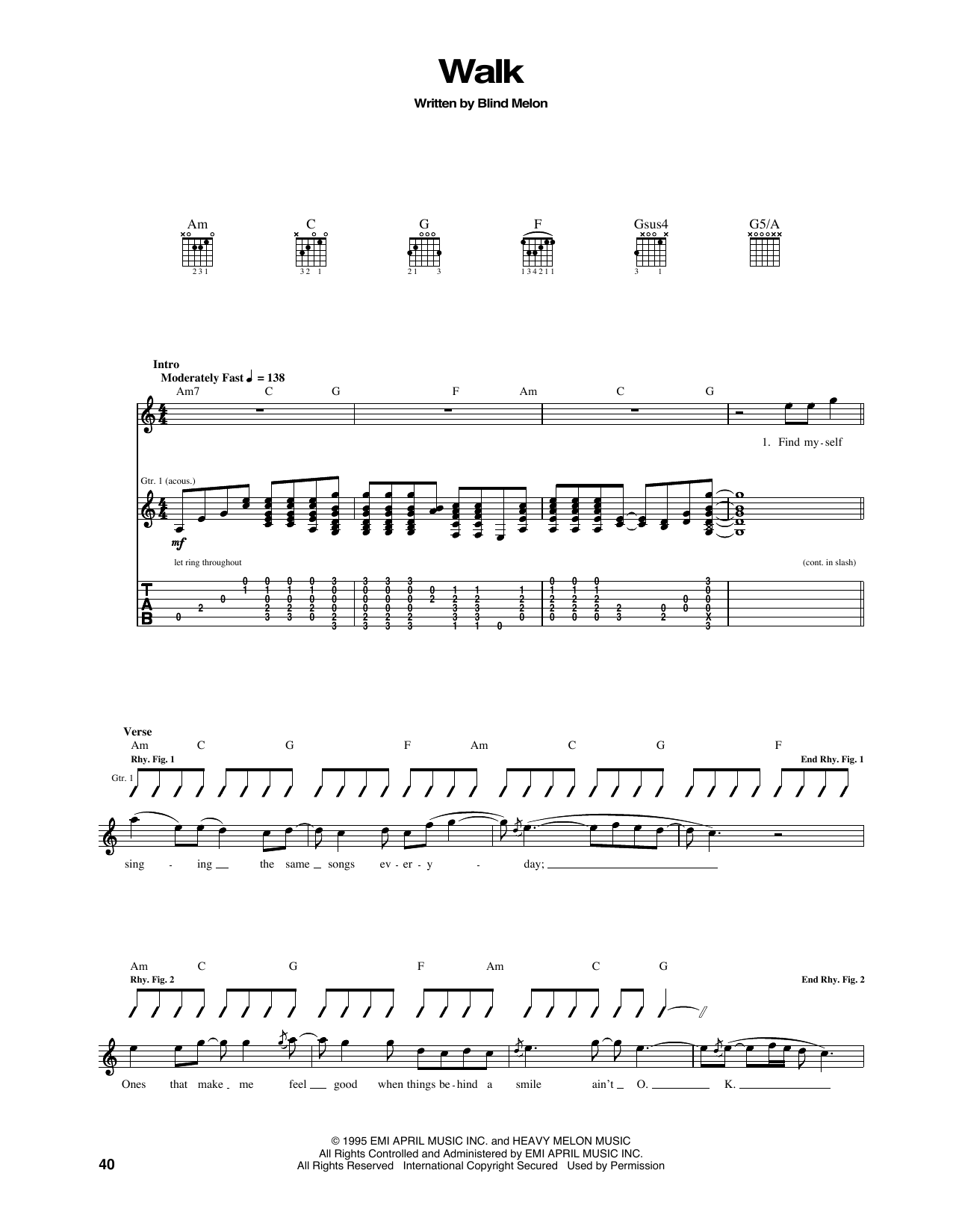 Blind Melon Walk Sheet Music Notes & Chords for Guitar Tab - Download or Print PDF