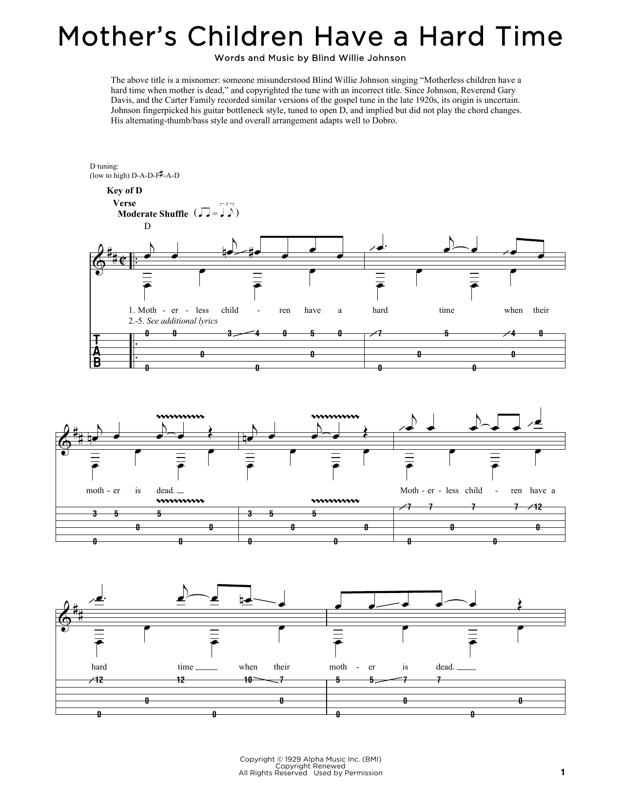 Blind Willie Johnson Mother's Children Have A Hard Time Sheet Music Notes & Chords for Dobro - Download or Print PDF