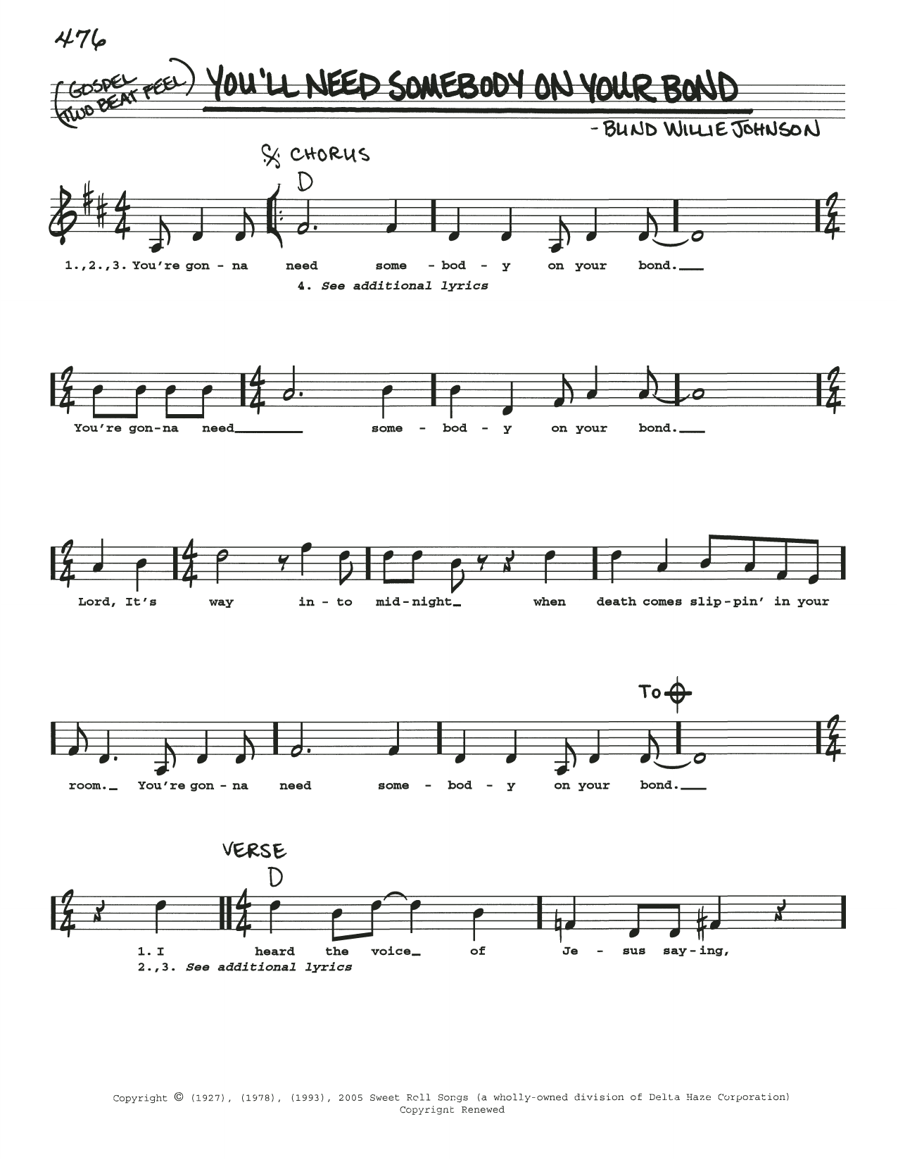 Blind Willie Johnson You'll Need Somebody On Your Bond Sheet Music Notes & Chords for Real Book – Melody, Lyrics & Chords - Download or Print PDF