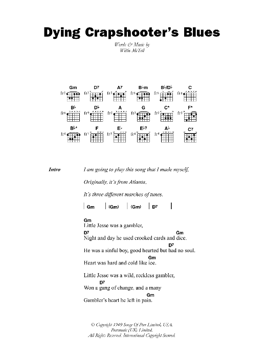 Blind Willie McTell Dying Crapshooter's Blues Sheet Music Notes & Chords for Lyrics & Chords - Download or Print PDF