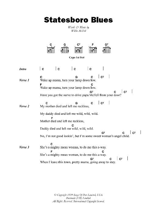 Blind Willie McTell Statesboro Blues Sheet Music Notes & Chords for Lyrics & Chords - Download or Print PDF