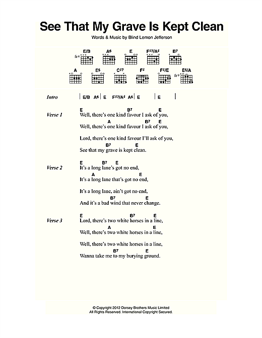 Blind Lemon Jefferson See That My Grave Is Kept Clean Sheet Music Notes & Chords for Lyrics & Chords - Download or Print PDF