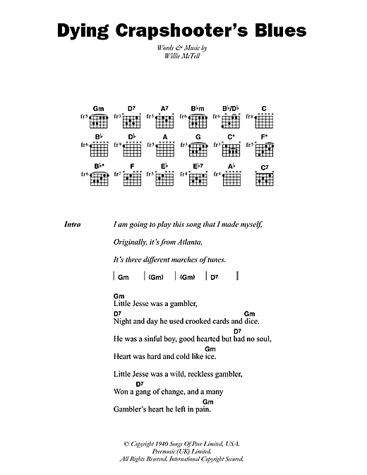 Blind Willie McTell Dying Crapshooter's Blues Sheet Music Notes & Chords for Lyrics & Chords - Download or Print PDF