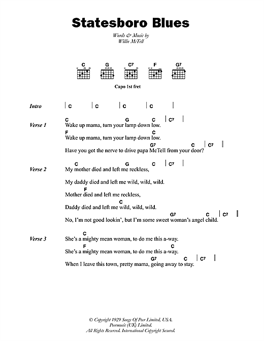 Blind Willie McTell Statesboro Blues Sheet Music Notes & Chords for Lyrics & Chords - Download or Print PDF