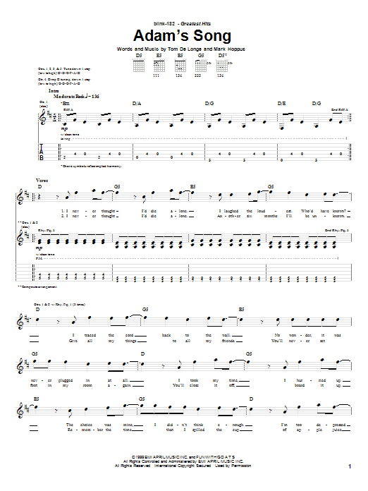 Blink-182 Adam's Song Sheet Music Notes & Chords for Easy Guitar Tab - Download or Print PDF