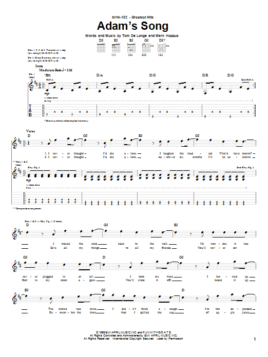 Blink-182 Adam's Song Sheet Music Notes & Chords for Guitar Tab Play-Along - Download or Print PDF