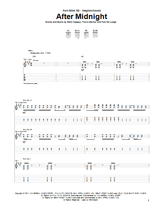 Blink-182 After Midnight Sheet Music Notes & Chords for Guitar Tab - Download or Print PDF