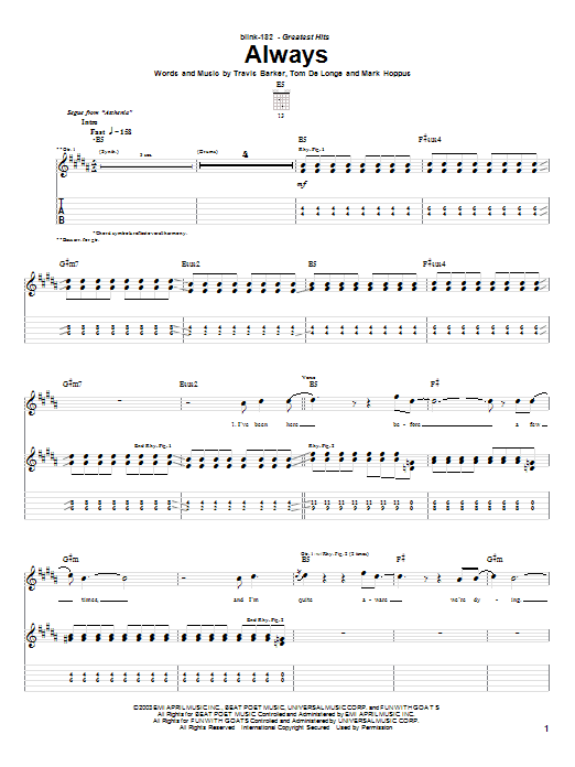 Blink-182 Always Sheet Music Notes & Chords for Easy Guitar Tab - Download or Print PDF