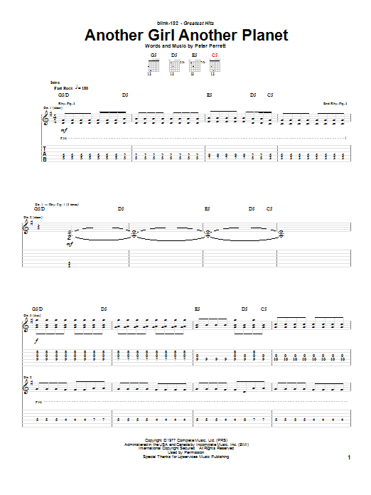 Blink-182 Another Girl Another Planet Sheet Music Notes & Chords for Guitar Tab - Download or Print PDF