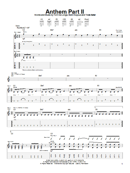 Blink 182 Anthem Part II Sheet Music Notes & Chords for Drums Transcription - Download or Print PDF