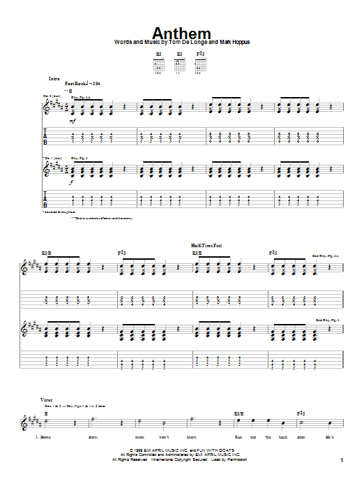 Blink-182 Anthem Sheet Music Notes & Chords for Guitar Tab - Download or Print PDF