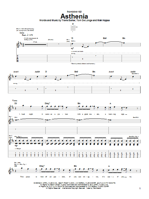 Blink-182 Asthenia Sheet Music Notes & Chords for Guitar Tab - Download or Print PDF