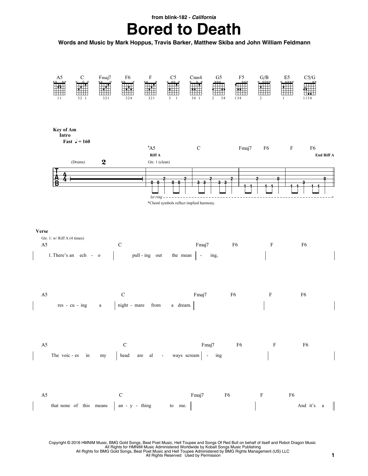 Blink 182 Bored To Death Sheet Music Notes & Chords for Guitar Tab - Download or Print PDF