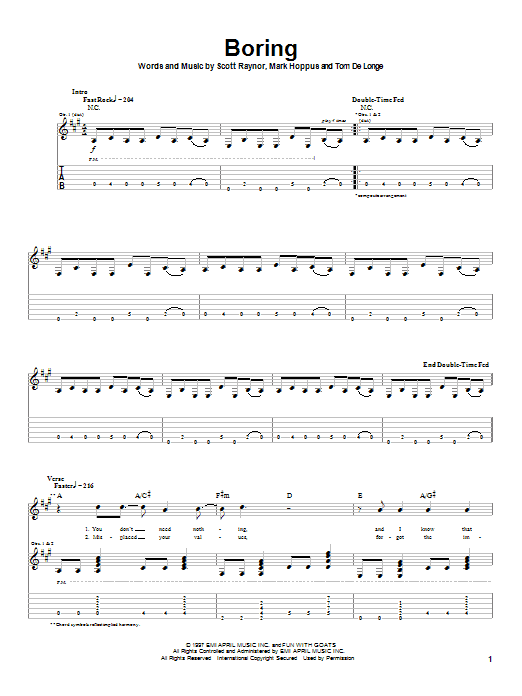 Blink-182 Boring Sheet Music Notes & Chords for Guitar Tab - Download or Print PDF