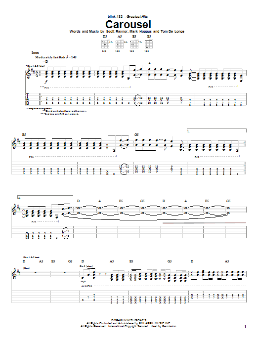Blink-182 Carousel Sheet Music Notes & Chords for Easy Guitar Tab - Download or Print PDF