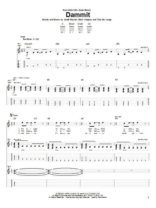 Blink-182 Dammit Sheet Music Notes & Chords for Easy Guitar Tab - Download or Print PDF