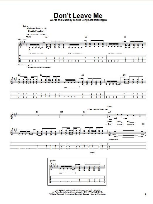 Preview Blink-182 Don't Leave Me Rock sheet music, notes and chords for Guitar Tab, SKU: 22400 Don't Leave Me sheet music