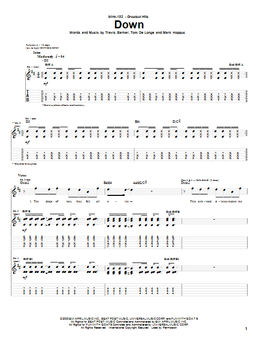 Blink-182 Down Sheet Music Notes & Chords for Easy Guitar Tab - Download or Print PDF
