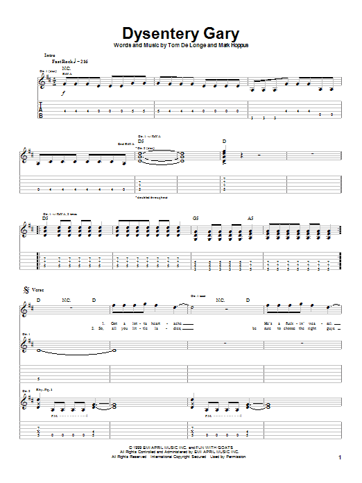 Blink-182 Dysentery Gary Sheet Music Notes & Chords for Guitar Tab - Download or Print PDF Blink-182 Dysentery Gary Sheet Music Notes & Chords for Guitar Tab - Download or Print PDF