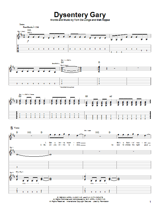 Blink-182 Dysentery Gary Sheet Music Notes & Chords for Guitar Tab - Download or Print PDF