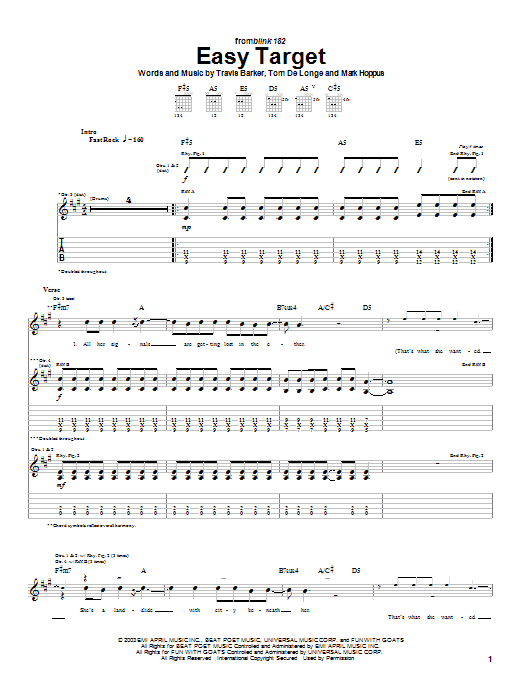 Blink-182 Easy Target Sheet Music Notes & Chords for Guitar Tab - Download or Print PDF