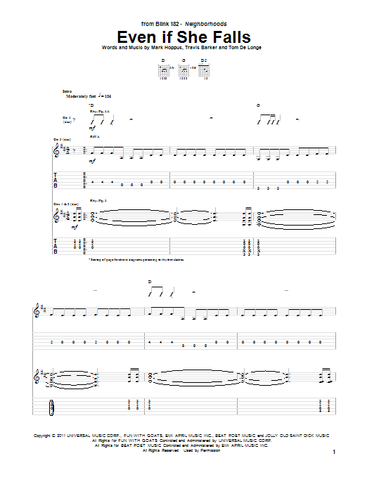 Blink-182 Even If She Falls Sheet Music Notes & Chords for Guitar Tab - Download or Print PDF