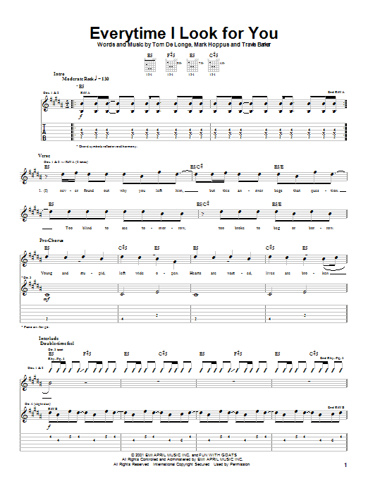 Blink-182 Everytime I Look For You Sheet Music Notes & Chords for Guitar Tab - Download or Print PDF Blink-182 Everytime I Look For You Sheet Music Notes & Chords for Guitar Tab - Download or Print PDF