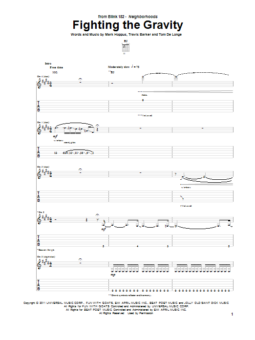 Blink-182 Fighting The Gravity Sheet Music Notes & Chords for Guitar Tab - Download or Print PDF