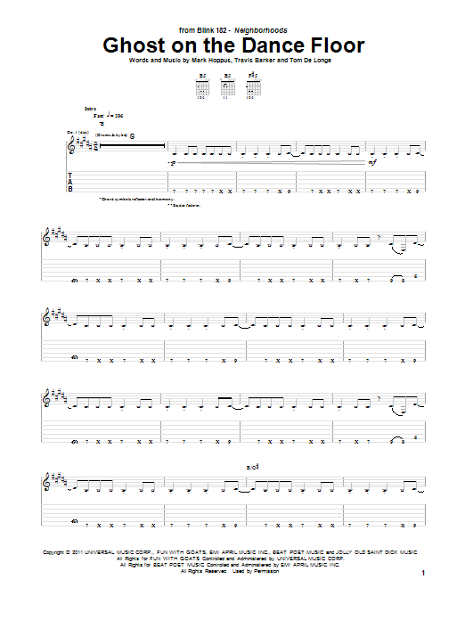 Blink-182 Ghost On The Dance Floor Sheet Music Notes & Chords for Guitar Tab - Download or Print PDF
