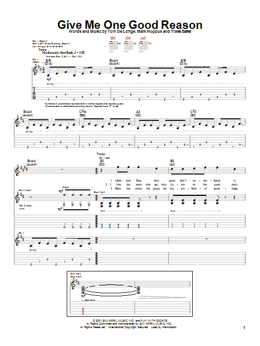 Blink-182 Give Me One Good Reason Sheet Music Notes & Chords for Guitar Tab - Download or Print PDF Blink-182 Give Me One Good Reason Sheet Music Notes & Chords for Guitar Tab - Download or Print PDF
