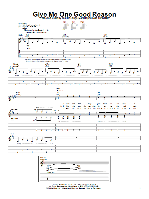 Blink-182 Give Me One Good Reason Sheet Music Notes & Chords for Guitar Tab - Download or Print PDF