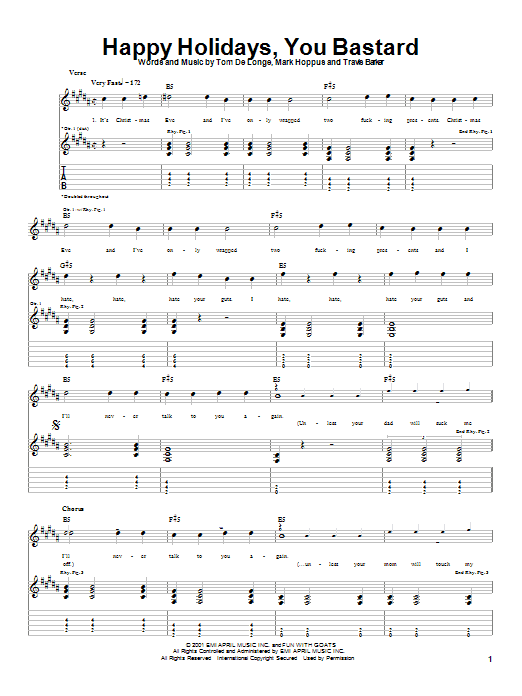 Preview Blink-182 Happy Holidays, You Bastard Punk sheet music, notes and chords for Guitar Tab, SKU: 22355 Happy Holidays, You Bastard sheet music
