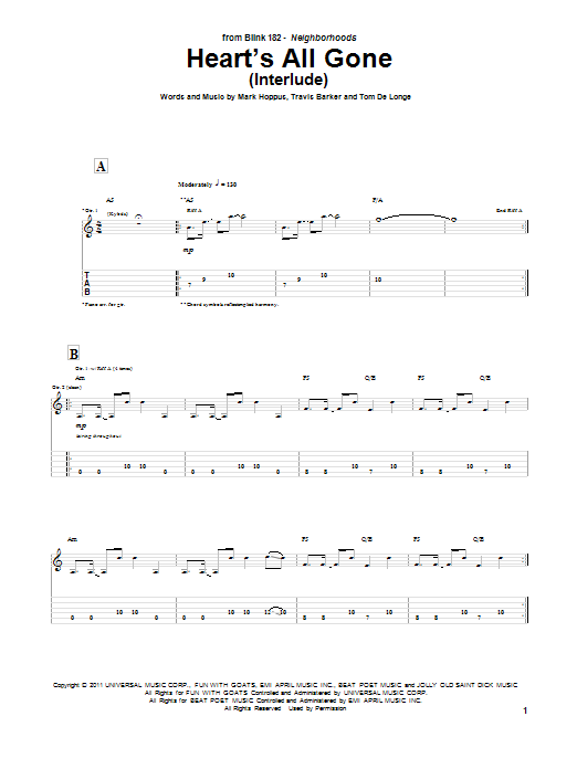 Blink-182 Heart's All Gone (Interlude) Sheet Music Notes & Chords for Guitar Tab - Download or Print PDF