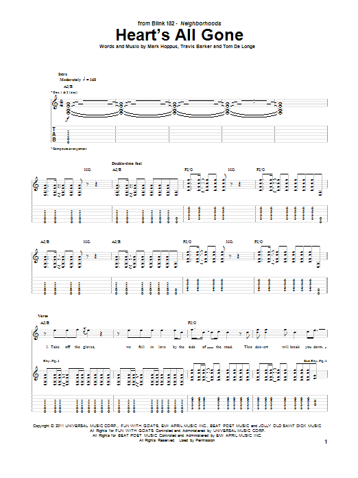 Blink-182 Heart's All Gone Sheet Music Notes & Chords for Guitar Tab - Download or Print PDF