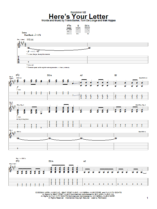 Blink-182 Here's Your Letter Sheet Music Notes & Chords for Guitar Tab - Download or Print PDF