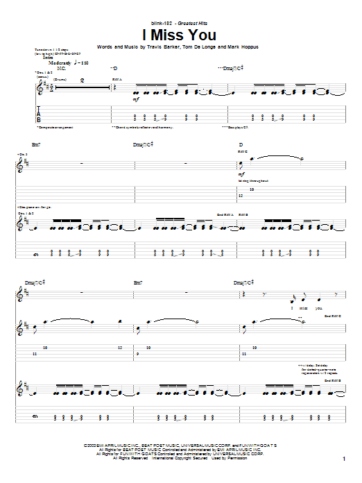 Blink-182 I Miss You Sheet Music Notes & Chords for Bass Guitar Tab - Download or Print PDF
