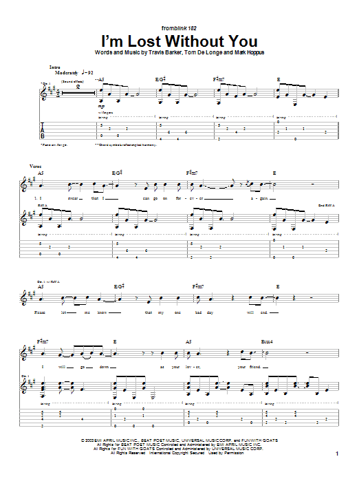 Blink-182 I'm Lost Without You Sheet Music Notes & Chords for Guitar Tab - Download or Print PDF