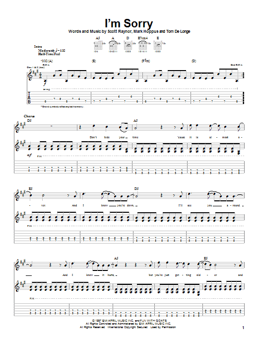 Blink-182 I'm Sorry Sheet Music Notes & Chords for Guitar Tab - Download or Print PDF Blink-182 I'm Sorry Sheet Music Notes & Chords for Guitar Tab - Download or Print PDF