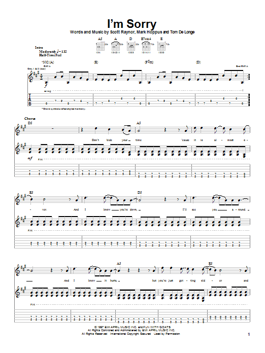Blink-182 I'm Sorry Sheet Music Notes & Chords for Guitar Tab - Download or Print PDF