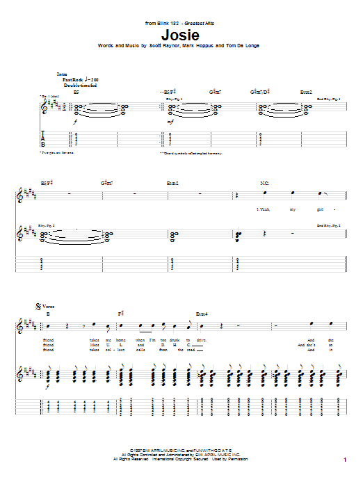 Blink-182 Josie Sheet Music Notes & Chords for Easy Guitar Tab - Download or Print PDF