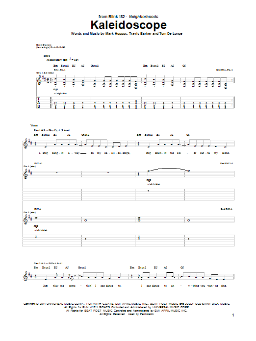 Blink-182 Kaleidoscope Sheet Music Notes & Chords for Guitar Tab - Download or Print PDF