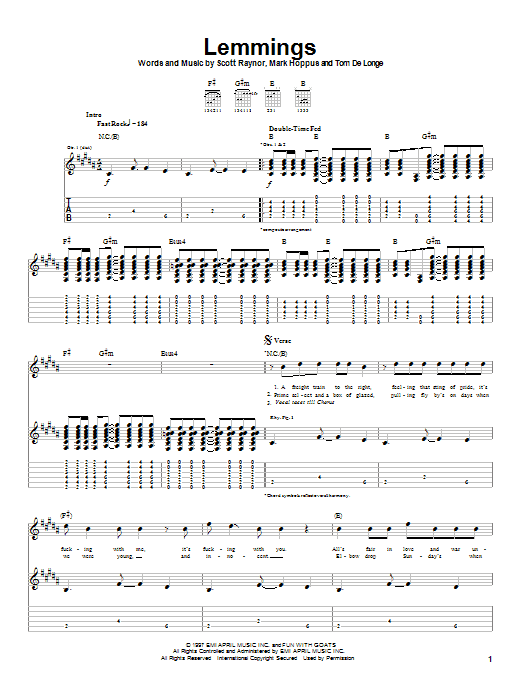 Blink-182 Lemmings Sheet Music Notes & Chords for Guitar Tab - Download or Print PDF