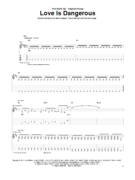 Blink-182 Love Is Dangerous Sheet Music Notes & Chords for Guitar Tab - Download or Print PDF
