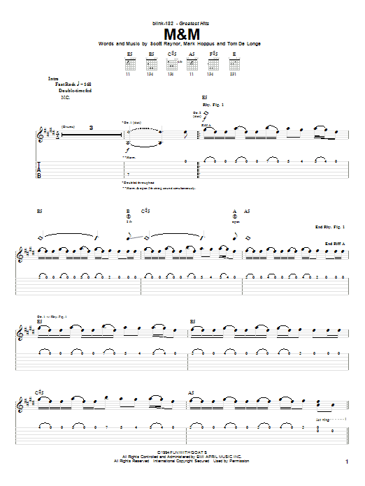 Blink-182 M&M Sheet Music Notes & Chords for Easy Guitar Tab - Download or Print PDF
