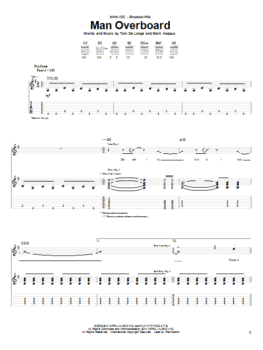 Blink-182 Man Overboard Sheet Music Notes & Chords for Easy Guitar Tab - Download or Print PDF