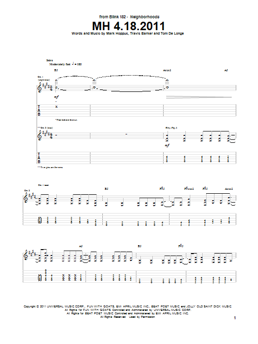 Blink-182 MH 4.18.2011 Sheet Music Notes & Chords for Guitar Tab - Download or Print PDF