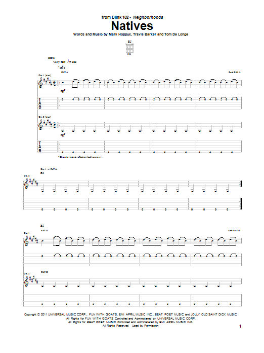 Blink-182 Natives Sheet Music Notes & Chords for Guitar Tab - Download or Print PDF