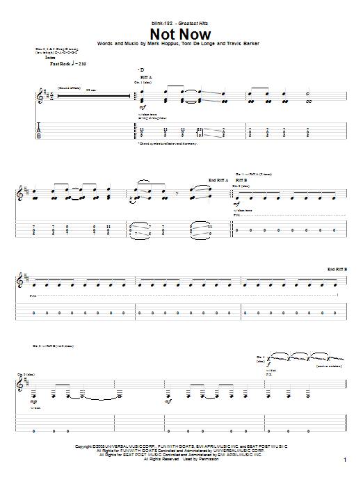 Blink-182 Not Now Sheet Music Notes & Chords for Easy Guitar Tab - Download or Print PDF