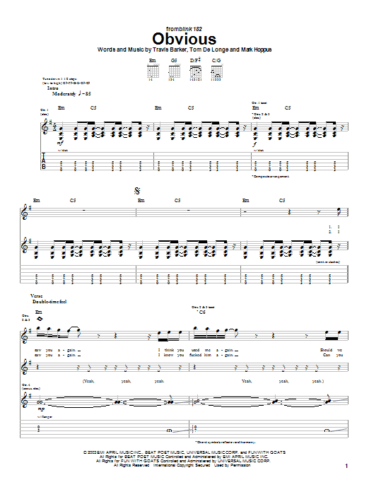 Blink-182 Obvious sheet music notes and chords. Download Printable PDF.